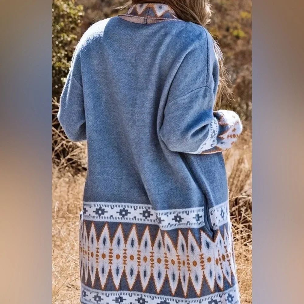 Cardigan Aztec Sweater ~ Long Sleeve Tribal Print Wool Knit Open Front in Blue - Picture 10 of 16